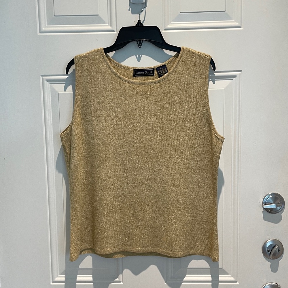 Laura Scott Gold Tan Metallic Sparkle Knit Scoop Neck Sleeveless Top Size XL